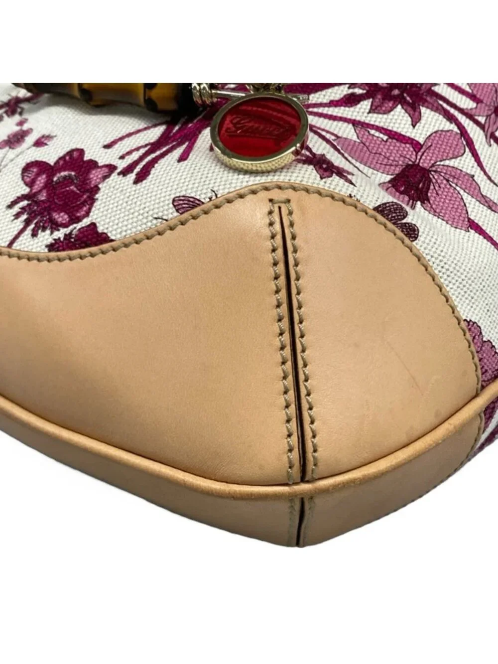 Gucci Handbag Flora Bamboo Bordeaux Ivory Beige Leather - Picture 6 of 15